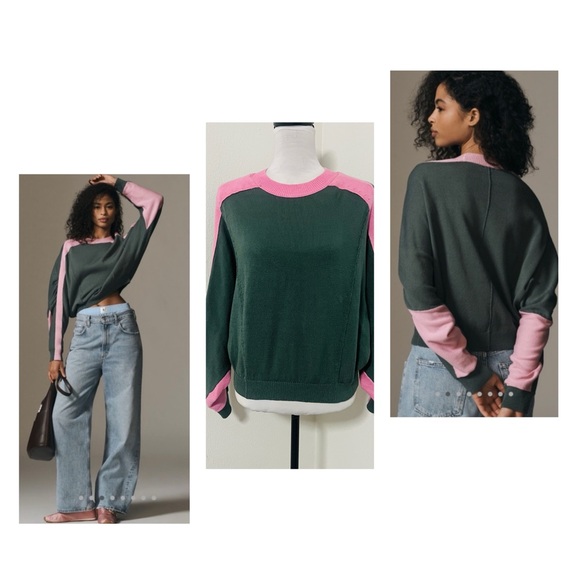 Anthropologie Maeve Women’ Small Dolman Sleeve Color-Blocked Sweater Green Pink - Picture 1 of 10